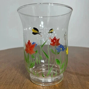 Beautiful, hand-painted, floral, clear candleholder‎
